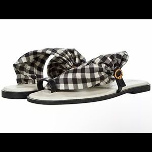 Tory Burch Sandals Selby Black/Ivory Gingham Scarf Flats